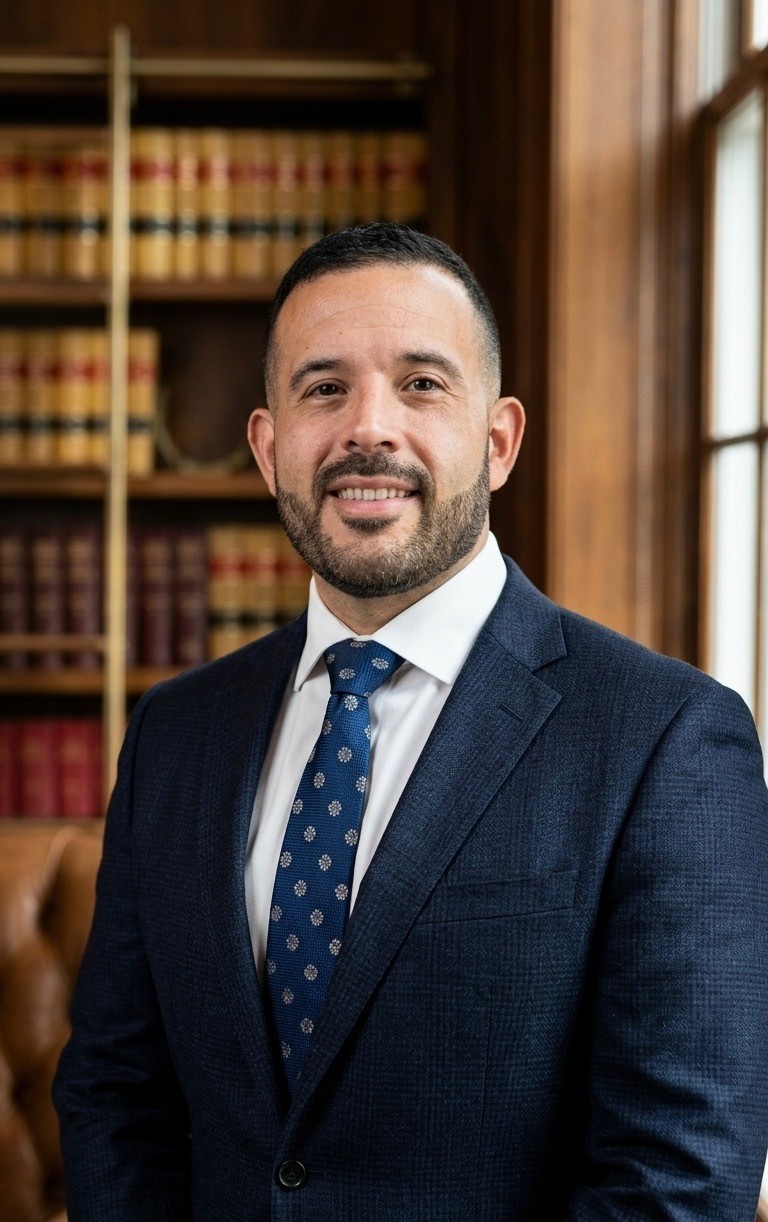 Jonathan Ibáñez in a navy suit in a law library